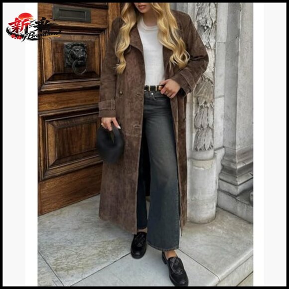 Faux Suede Long Trench Coat Notched Lapel Double Breasted Pea Coat - Picture 3 of 6